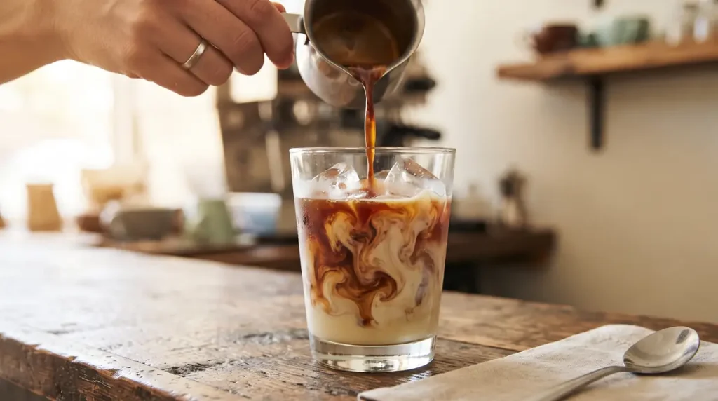 How to Make a Spanish Latte at Home (Hot or Iced) 4 Hand pouring espresso over ice and milk in a glass on a wooden table