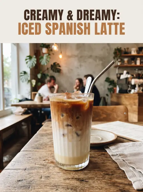 How to Make a Spanish Latte at Home (Hot or Iced) 3 Glass of iced Spanish latte with metal straw on a wooden table in a cozy café