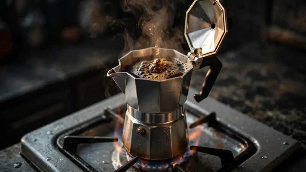 How to Make Dutch Bros Drinks Without an Espresso Machine 2 moka pot brewing coffee