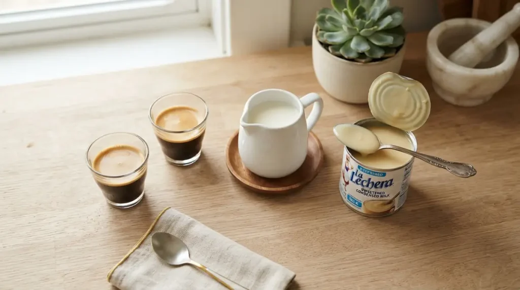 How to Make a Spanish Latte at Home (Hot or Iced) 2 Two espresso shots, a small pitcher of milk, and a can of sweetened condensed milk with a spoon