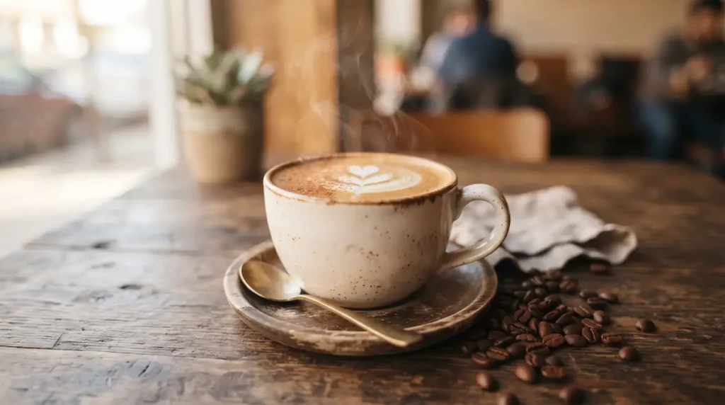 How to Make a Spanish Latte at Home (Hot or Iced) 5 Steaming cup of latte with heart latte art on a saucer with coffee beans and spoon on a wooden table