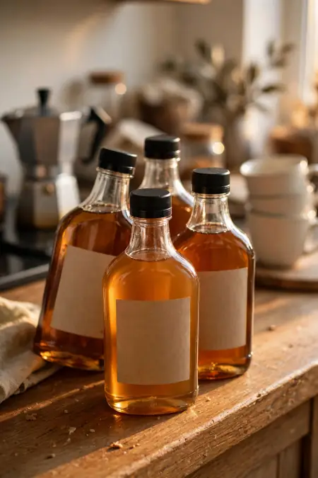 What Syrups Does Dutch Bros Use? (And What to Buy at Home) 2 syrup bottles wooden shelf